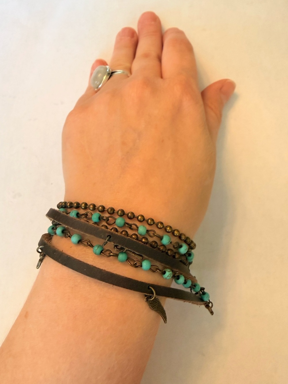 Turquoise Beaded Brown Leather Wrap Bracelet - Unbranded